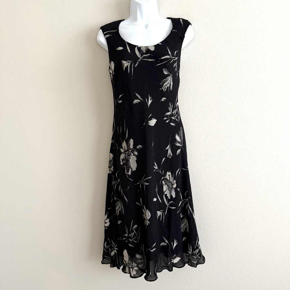 Vintage 90s Black Floral Midi Dress Womens Medium Dark Fairy Whimsigoth Romantic